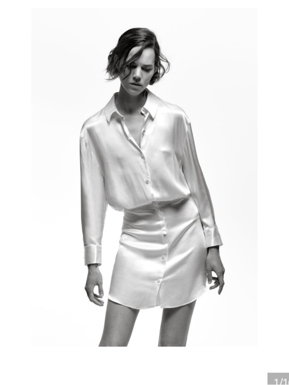 Zara Satin Button-Front Mini Shirt Dress in eggshell White